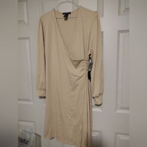Neutral Beige Wrap-Style Long Sleeve Dress